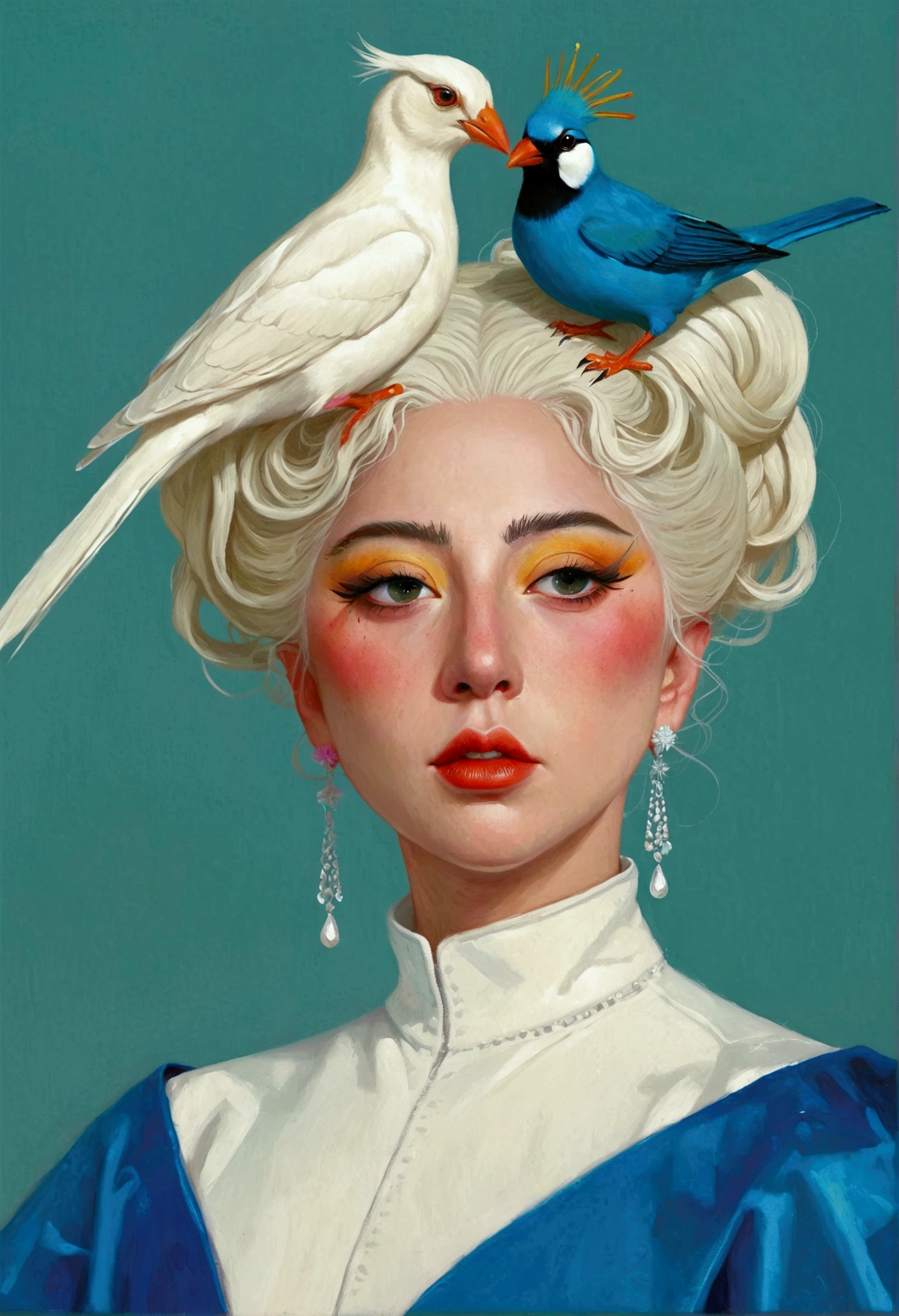 There is a painting，The painting shows Lady Gaga with a bird on his head, Eddie Mendoza (Eddie Mendoza) Digital Art, Winner of the Behance competition, Pop surrealism, Beeple 和 Jeremiah Ketner, yuri shwedoff and tom bagshaw, hyper-realistic illustration, Blue Head, jc leyendecker and sachin teng, shaun tan 和 peter mohrbacher, tom bagshaw style, Bird Head