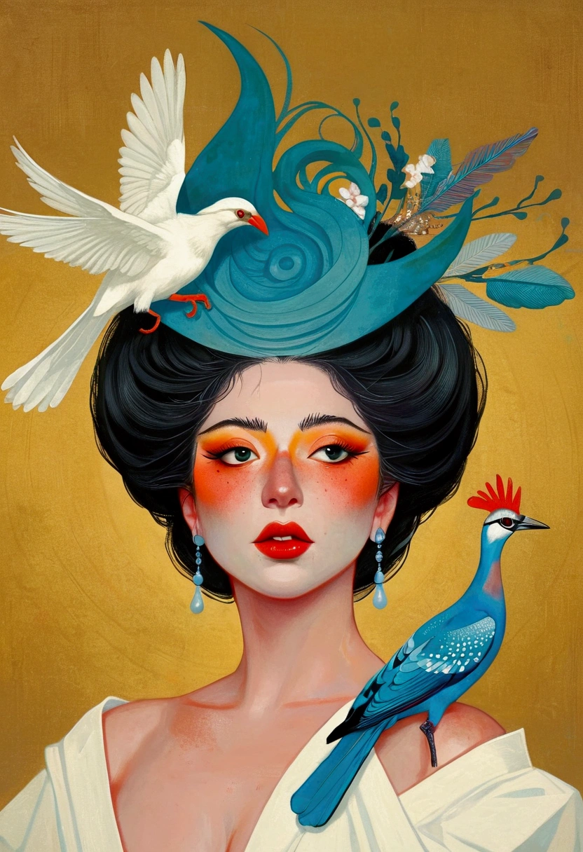 There is a painting，The painting shows Lady Gaga with a bird on his head, Eddie Mendoza (Eddie Mendoza) Digital Art, Winner of the Behance competition, Pop surrealism, Beeple 和 Jeremiah Ketner, yuri shwedoff and tom bagshaw, hyper-realistic illustration, Blue Head, jc leyendecker and sachin teng, shaun tan 和 peter mohrbacher, tom bagshaw style, Bird Head