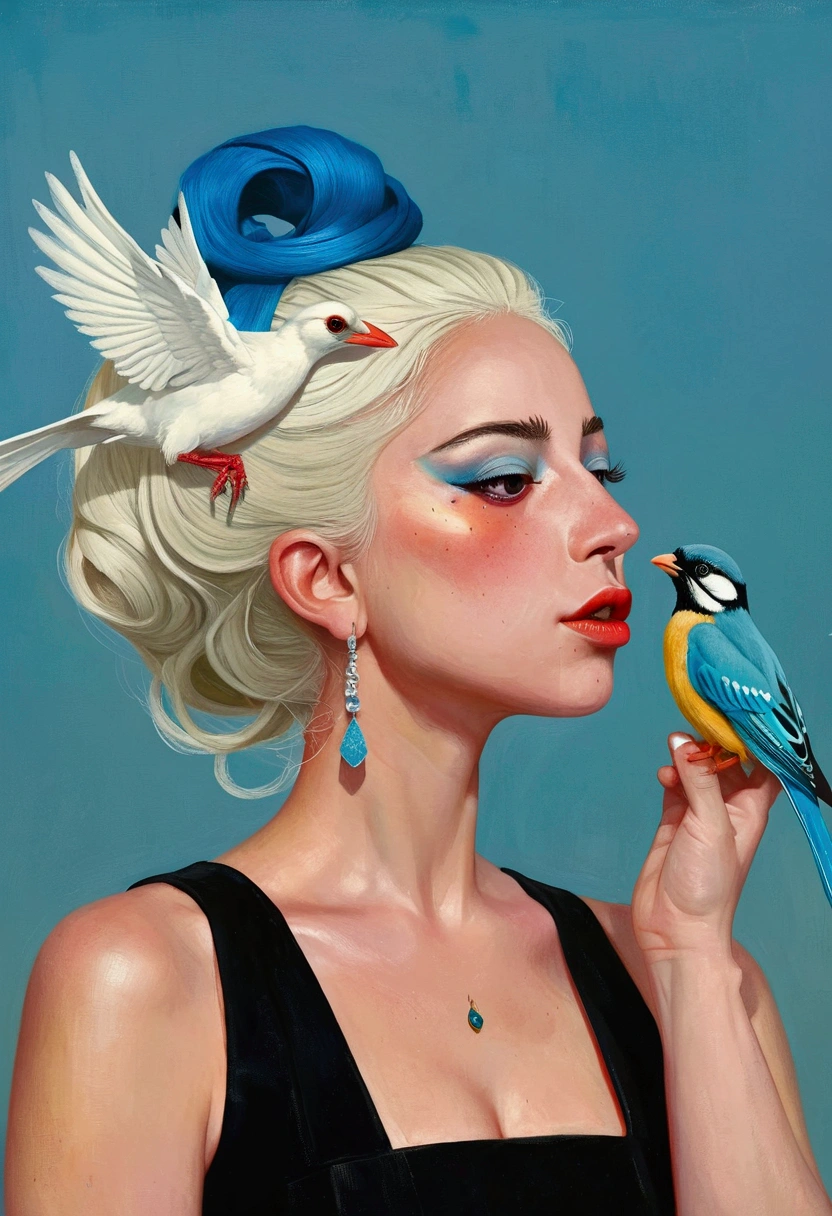 There is a painting，The painting shows Lady Gaga with a bird on his head, Eddie Mendoza (Eddie Mendoza) Digital Art, Winner of the Behance competition, Pop surrealism, Beeple 和 Jeremiah Ketner, yuri shwedoff and tom bagshaw, hyper-realistic illustration, Blue Head, jc leyendecker and sachin teng, shaun tan 和 peter mohrbacher, tom bagshaw style, Bird Head