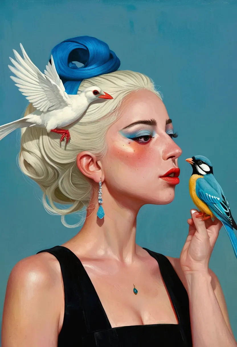 there is a painting，the painting shows lady gaga with a bird on his head, eddie mendoza (eddie mendoza) digital art, winner of t...