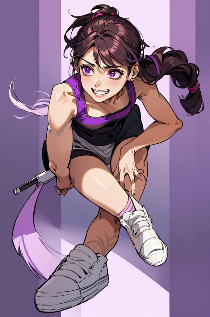 Kizi, long dark brown hair tied in a ponytail with two loose strands and a purple streak in the hair, purples eyes, short purple cropped sleeveless top, White sneakers, Grinning, without bangs. (your modern)