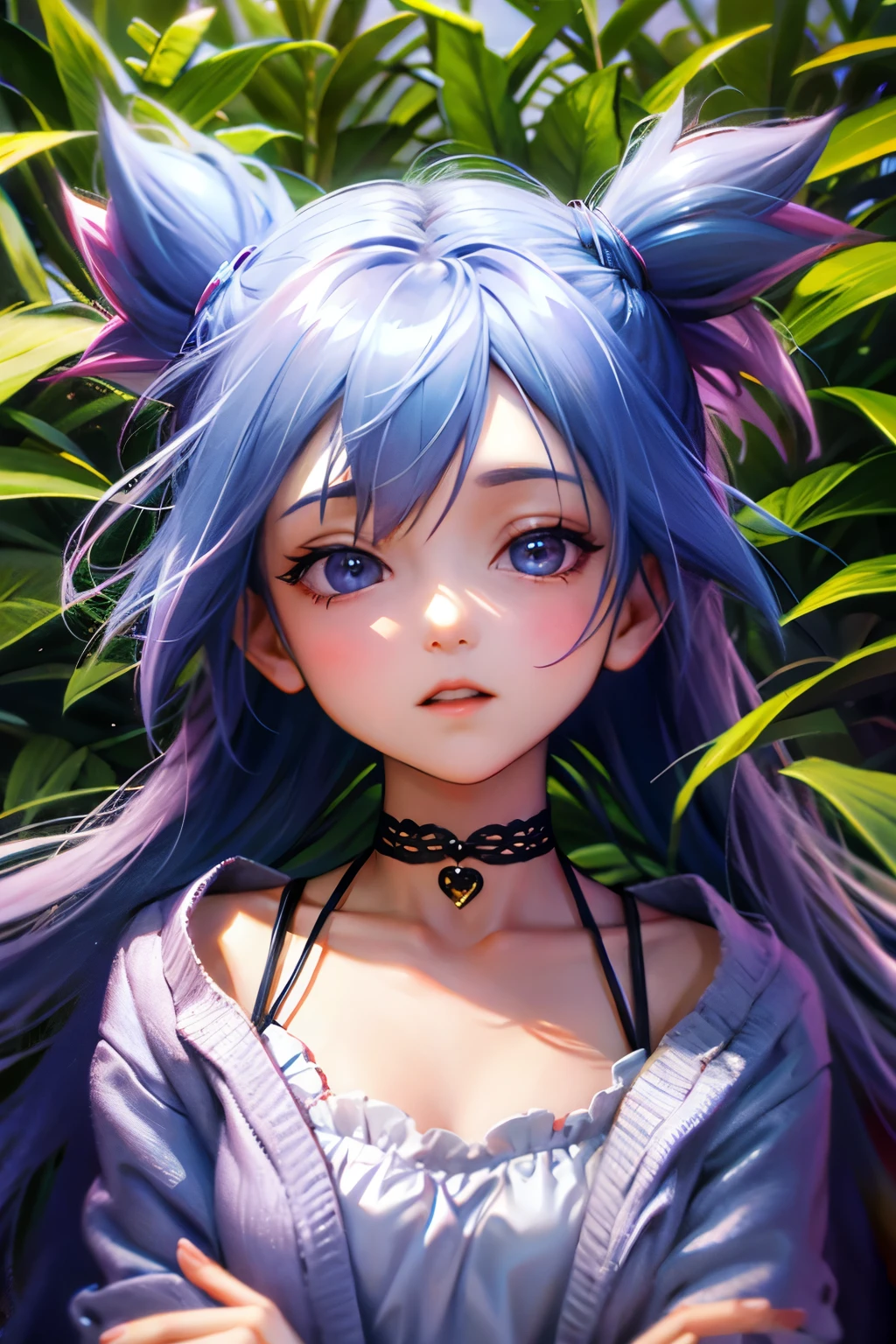 A cute and beautiful anthropomorphic koala girl wearing a heart-shaped choker in a beautiful flower field
