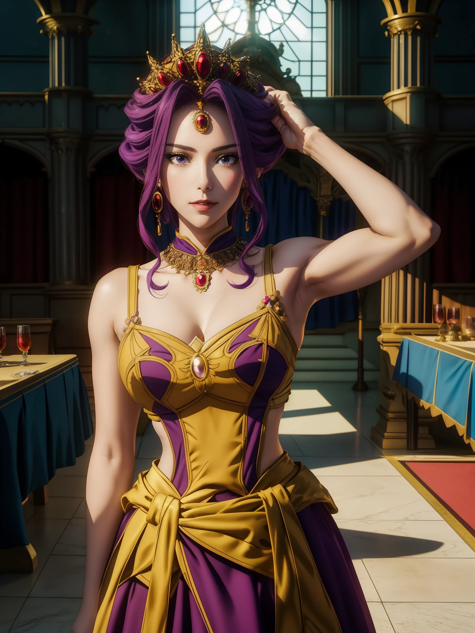 Armpit Show,Sleeveless,Highestquality, masterpiece,(sunset:1.2),Inside the castle, Great Hall ,Red carpet on the floor,
Stand in an upright and immobile position,
Queen&#39;s Dress,Long sleeve,Golden crown with jewels,clavicle, Deep valley, 
purple_hair, purple_eye, jewelry, Earrings,
1 person, 20-year-old,infp young woman,beautiful Finger,beautiful long legs,beautiful body,
beautiful nose,beautiful character design, Perfect Eyes, 完璧なface,表情豊かなeye,
View your viewers, Center the image,(Upper Body_body),(彼女のfaceに注eye),
Official Art,Very detailed CG Unity 8k 壁紙, Perfect Lighting,colorful, bright_front_face_Lighting,Glowing Skin,
(Tabletop:1.0),(Highest_quality:1.0), 超High resolution,4K,Very detailed,
photograph, 8k, Hmph, High resolution, Absurd:1.2, 400 for Kodak Port, Film Grain, Blurred Background, Bokeh:1.2, Lens flare, (Vibrant_color:1.2)
(beautiful,chest), (beautiful_face:1.5),(narrow_Waist),