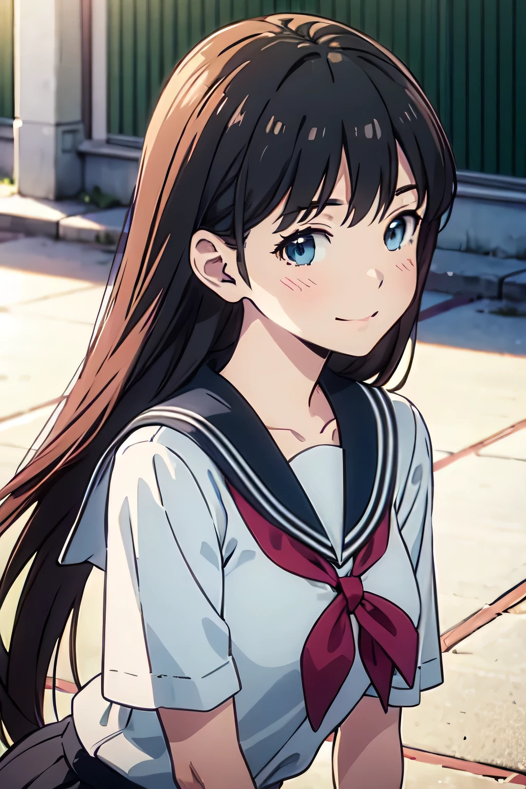 4K,(Highest quality), (Masterpiece), (photorealistic),elaborate,, (Very large bust),Hime cut,Super long straight black hair, Blue eyes, Happy face, (Primary school students), Show off your thighs, In the schoolyard, sunny, Adorable eyes, (Elementary school uniform)