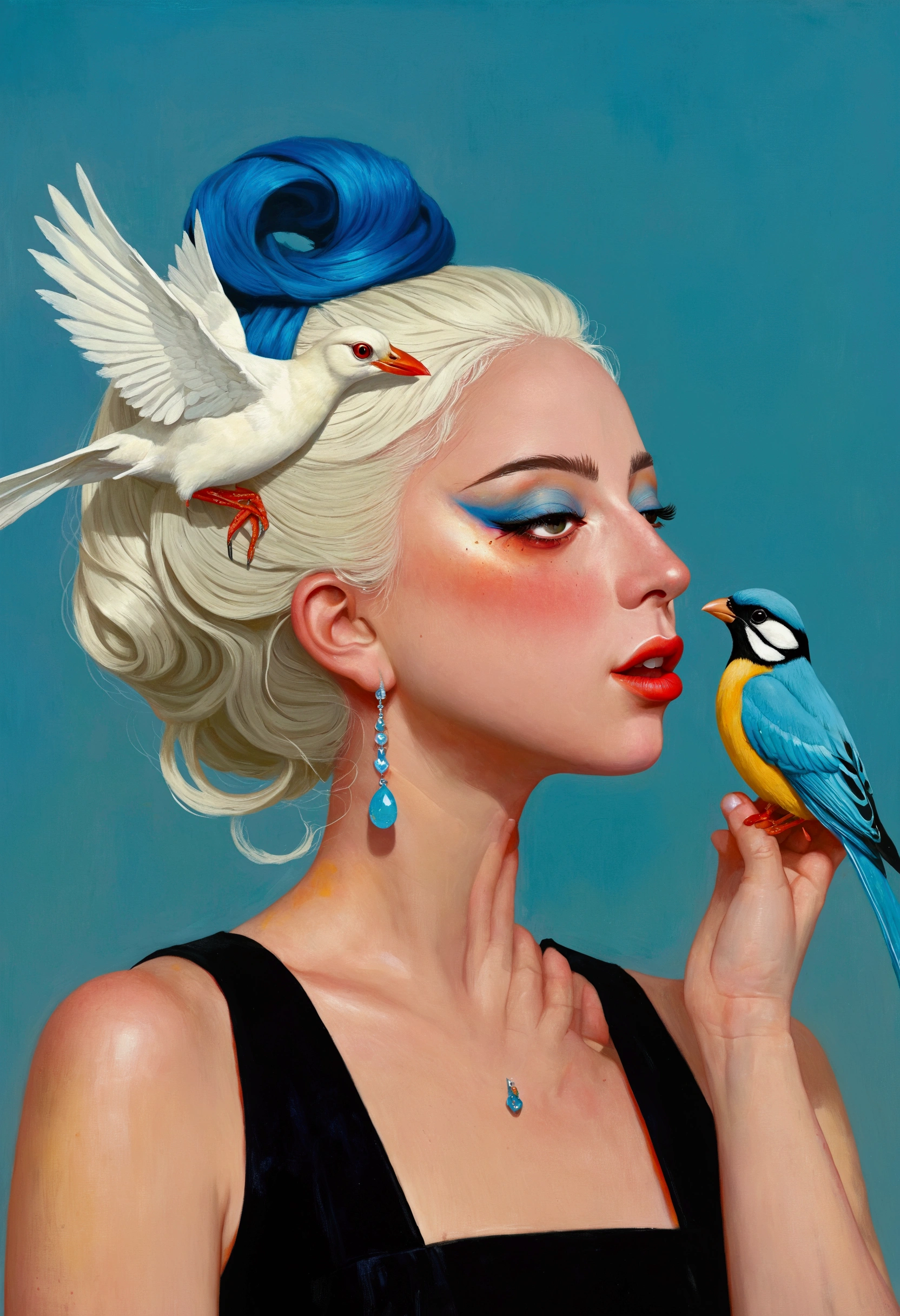 There is a painting，The painting shows Lady Gaga with a bird on his head, Eddie Mendoza (Eddie Mendoza) Digital Art, Winner of the Behance competition, Pop surrealism, Beeple 和 Jeremiah Ketner, yuri shwedoff and tom bagshaw, hyper-realistic illustration, Blue Head, jc leyendecker and sachin teng, shaun tan 和 peter mohrbacher, tom bagshaw style, Bird Head