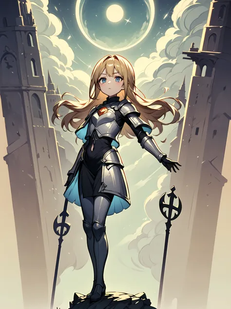 (((masterpiece, best quality, 16k))) female character with long blonde hair and bright blue eyes. she wears a celestial armor in...