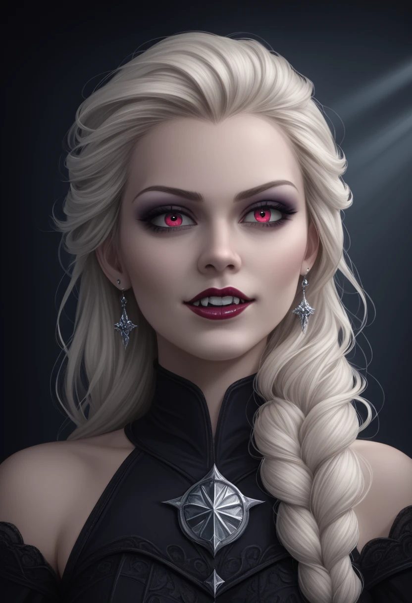 A goth Elsa vampire with visible fangs, detailed and realistic, dramatic lighting, dark fantasy, cinematic, moody colors, highly detailed portrait, photorealistic, 8k, best quality