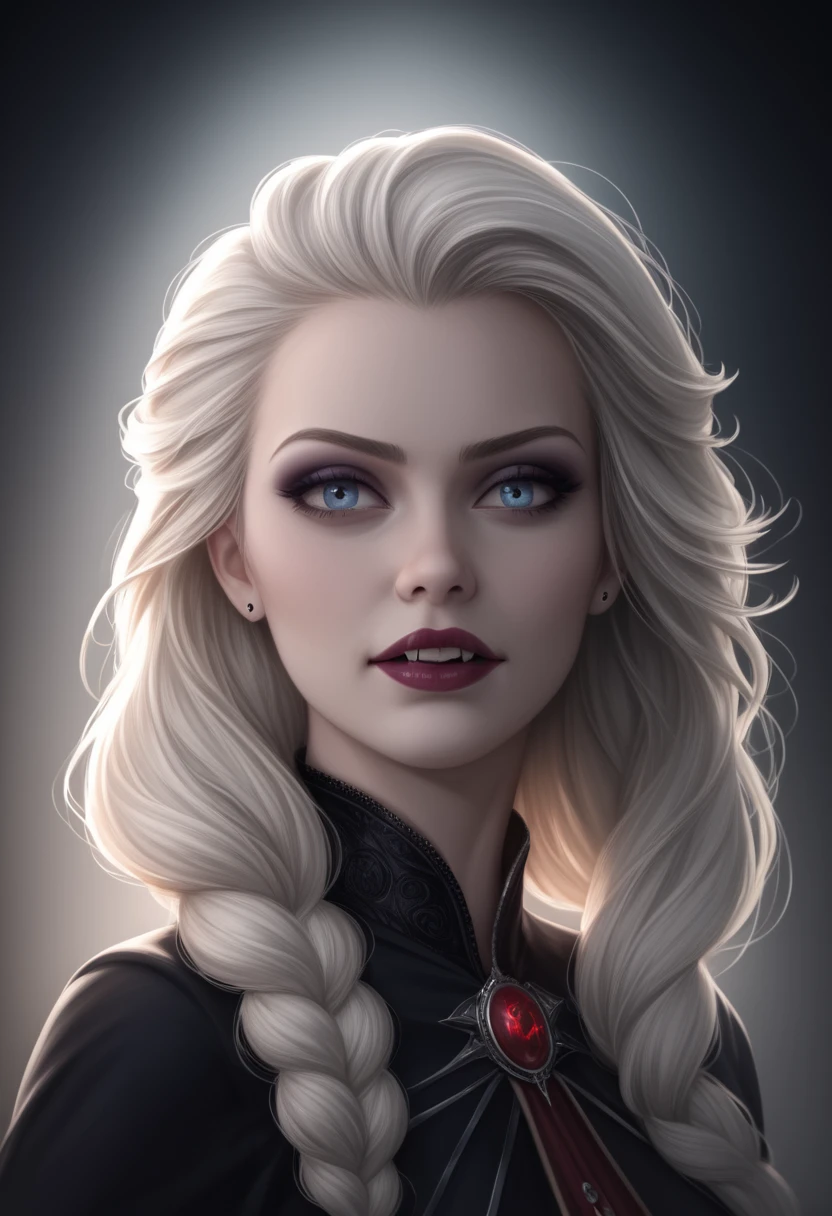 A goth Elsa vampire with visible fangs, detailed and realistic, dramatic lighting, dark fantasy, cinematic, moody colors, highly detailed portrait, photorealistic, 8k, best quality