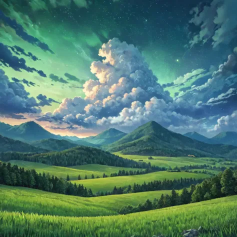 animated style，evening，night sky，mountain々，surrounded by clouds，green fields and forests，beautiful sky，beautiful views