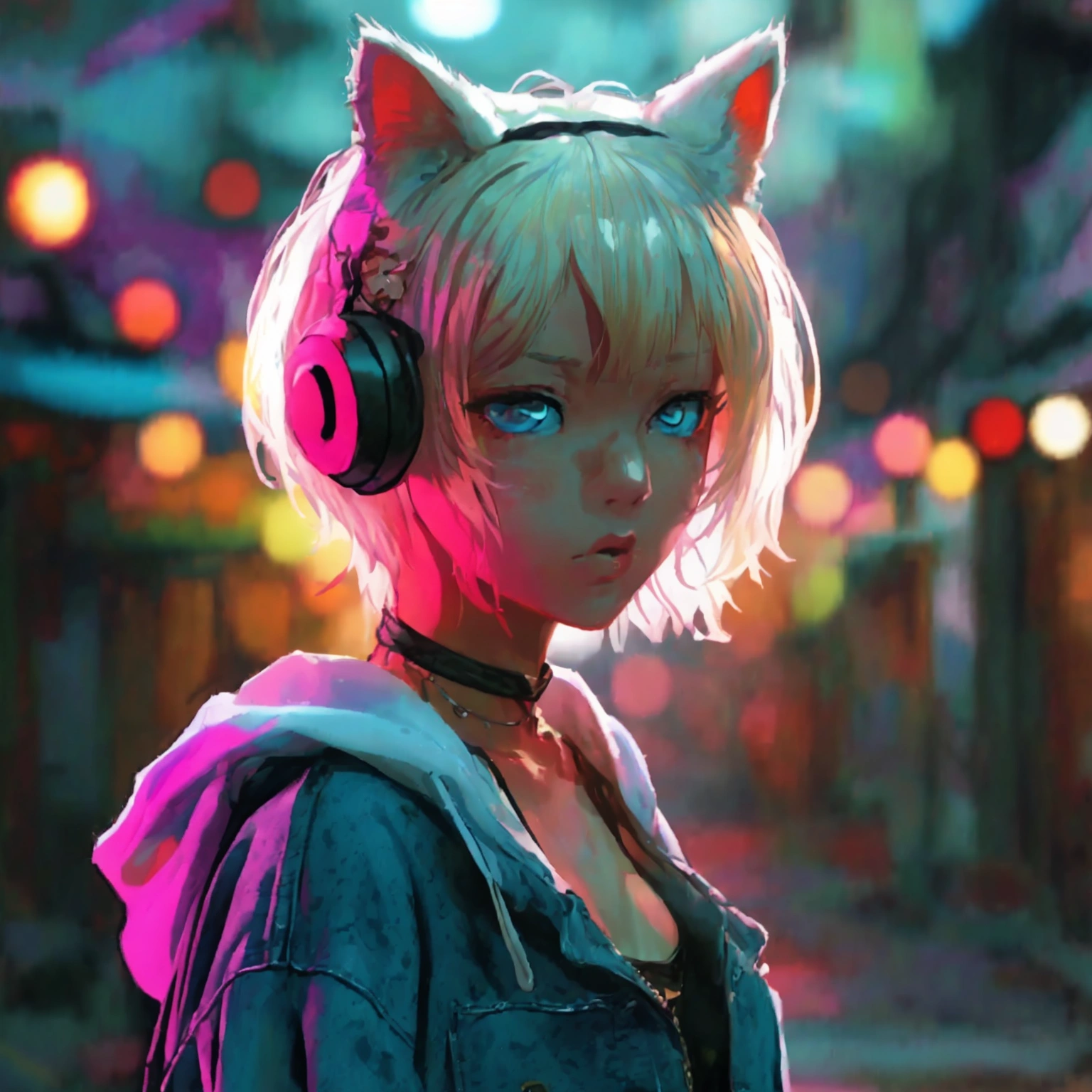 Blonde Hair、Very Short Hair、Cat ears of the same color as the hair、Plain pink short sleeve hoodie、Short denim shorts、Belly button、sneakers、Turquoise Eyes、Flat Chest、Big white flower hair ornament、Design the cover for a dark fantasy psychological drama light novel set in Rio de Janeiro in 2050