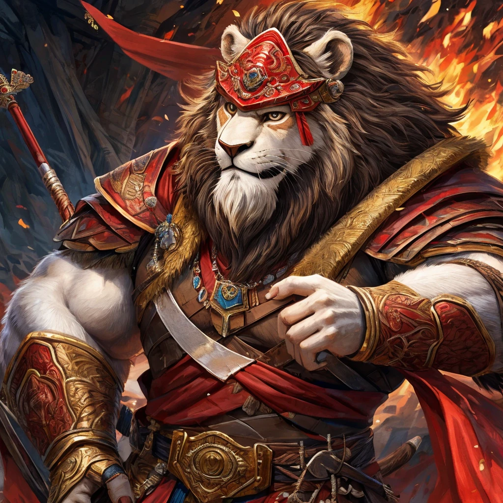 brave, great and noble lion warrior archer,(white fur all over the body), Wearing highly detailed red samurai armor.,He wears a red mask on his head., reminiscent of an ogre.&#39;horns., from sengoku period,He has a black and gold fan., very detailed background, cherry blossoms fluttering in the wind, 完璧なmasterpiece, high quality, High resolution written border depth, perfect lighting, (particles of light),(最high quality),(masterpiece),(Ultra de Shippo Ed),Sharp Focus,particles of light