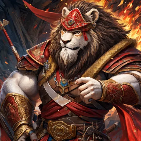 brave, great and noble lion warrior archer,(white fur all over the body), wearing highly detailed red samurai armor.,he wears a ...