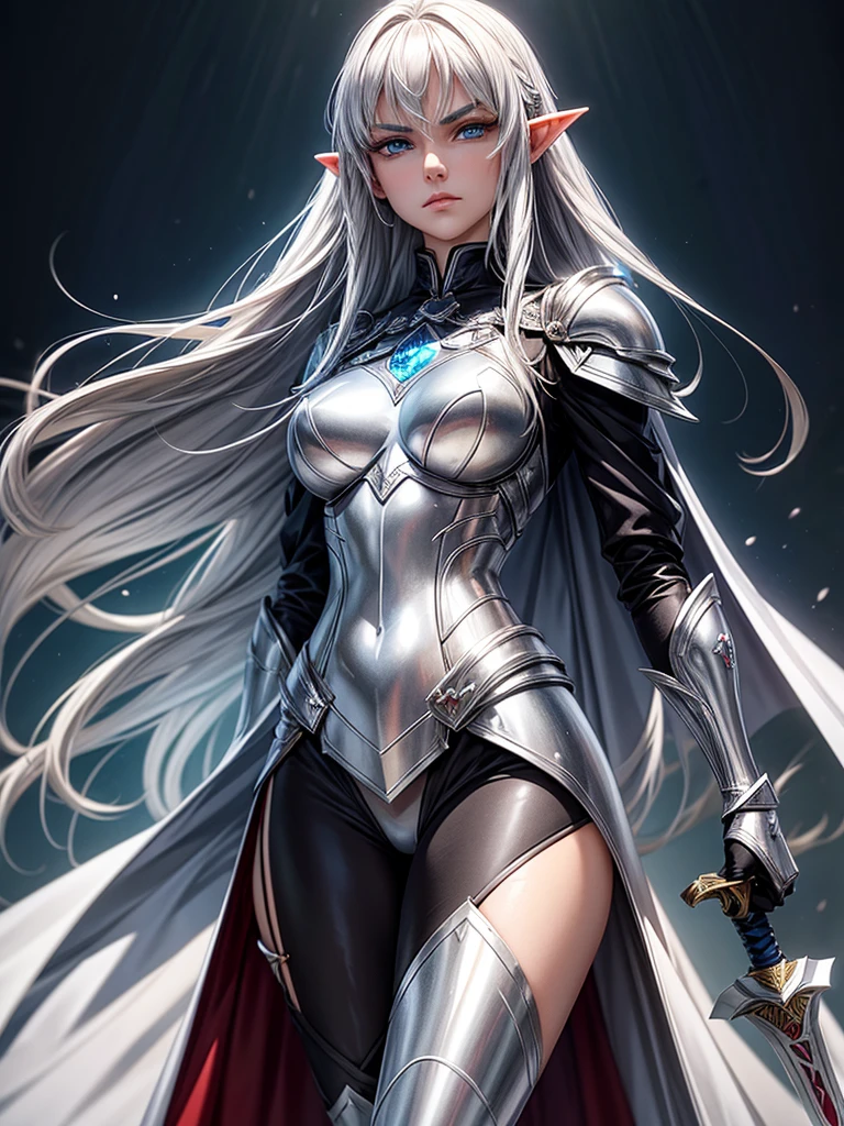 Selene Glavariel Arathel, a 16-year-old human-elf hybrid with silver hair, blue eyes, a slender and tall figure, a leather armor with silver and red adornments, and a white cape with embroidered symbols. She is holding a sword in front of her and has a determined expression. The style is anime. The background is a plain color.