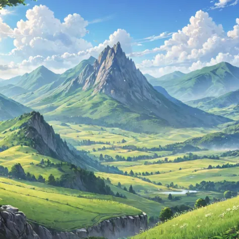 animated landscape with a mountain and a valley in the distance, anime countryside landscape, animated landscape wallpaper, herm...