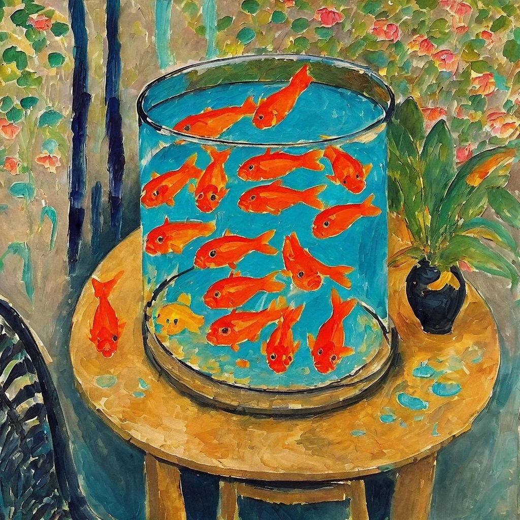 m4t1 Goldfish in a fishbowl on a table Thick paint, Brush strokes