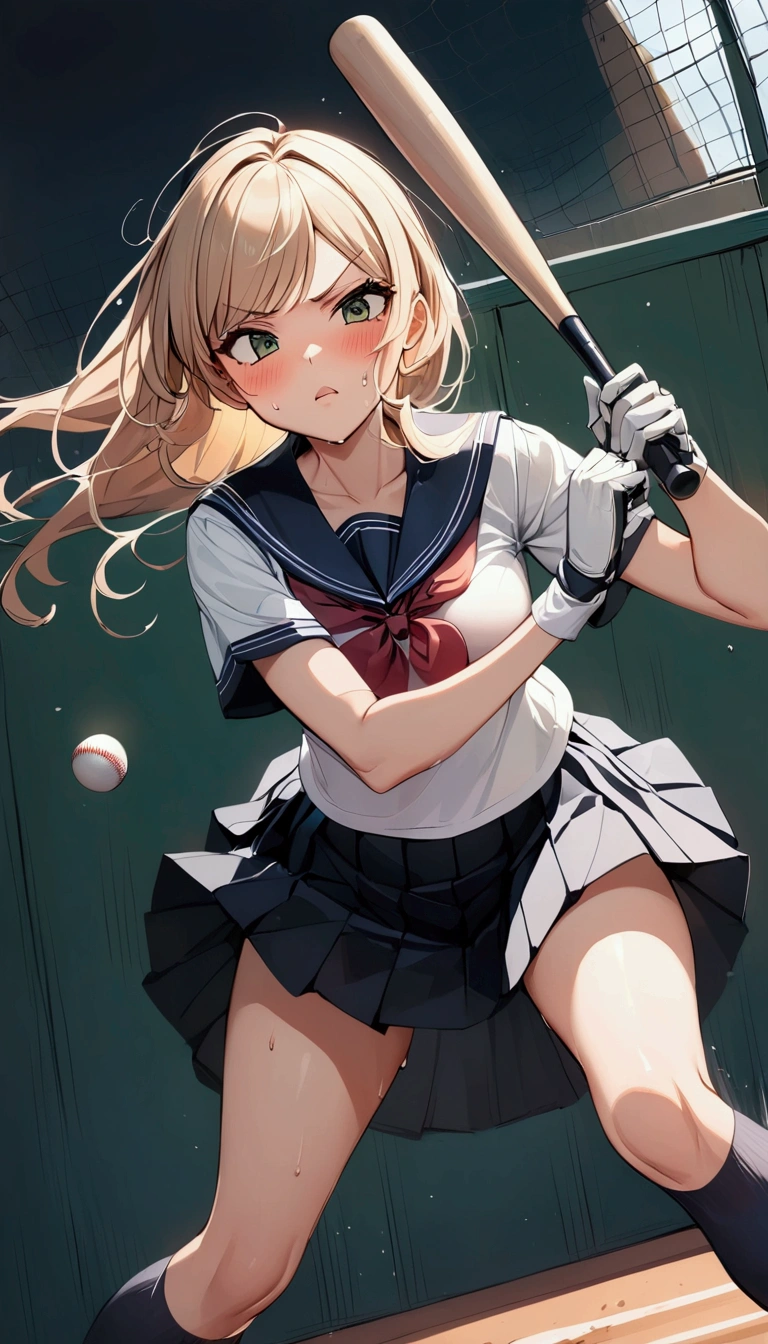 1girl, solo, {{swing a baseball bat:1.8}},Baseball bat,Baseball Batting,swing,Strikeout,{{masterpiece}}, {{{Highest quality}}},{{Very detailed}},, dutch angle,Dynamic composition,A high school girl is swinging and missing at a batting cage,school uniform,mini skirt,Short sleeve blouse　clavicle　Knee-high socks　 Speed Line　Motion Lines　,Batting Center,Bat,Sweat,Bad mood,  焦り,,{{v-shaped eyebrows}},Bad mood,blush,Sweat,raise one's eyebrows　