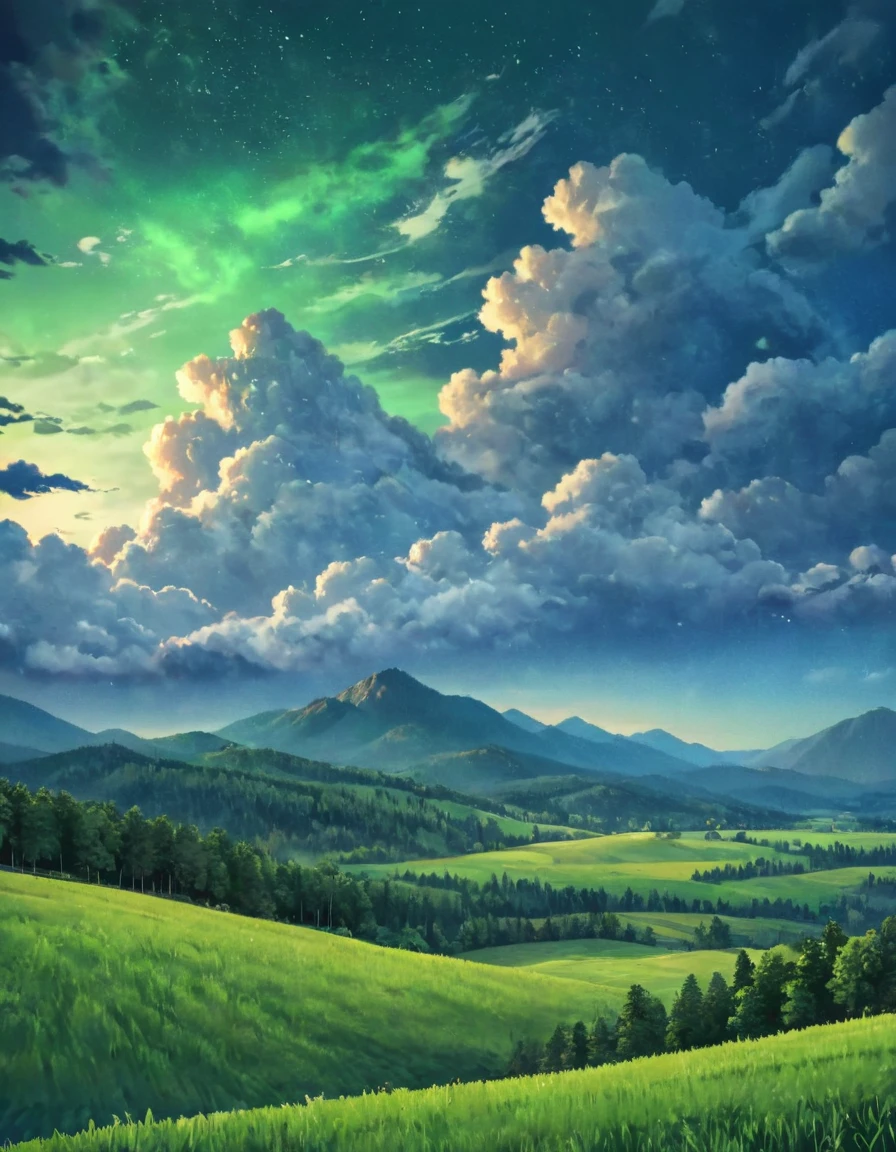 animated style，evening，night sky，Mountain々，surrounded by clouds，Green fields and forests，beautiful sky，beautiful views