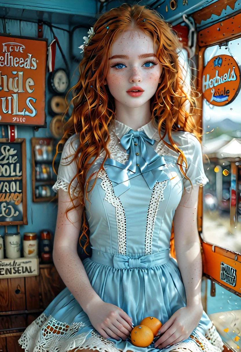 Hyperrealitisc art style, Hyperrealitisc image, young female 18 years old, pale white skin adorned with freckles, bright blue eyes with long eyelashes, very long curly orange ginger hair, slender body, with small size breasts,