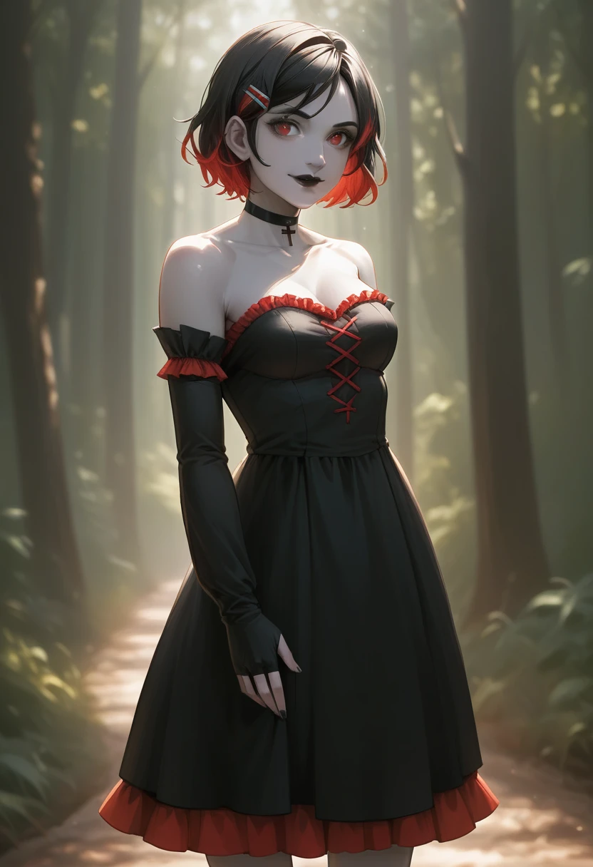 1girl, solo, red eyes, black hair, red hair, multicolored hair, two-tone hair, short hair, streaked hair, hairclip, hair ornament, black lips, makeup, colored skin, grey skin, skirt, black dress, strapless dress, frilled dress, red skirt, bare shoulders, detached sleeves, black gloves, elbow gloves, fingerless gloves, cross, black choker, smile,closed mouth,cowboy shot, forest,outdoor, (insanely detailed, beautiful detailed face, masterpiece, best quality) cinematic lighting