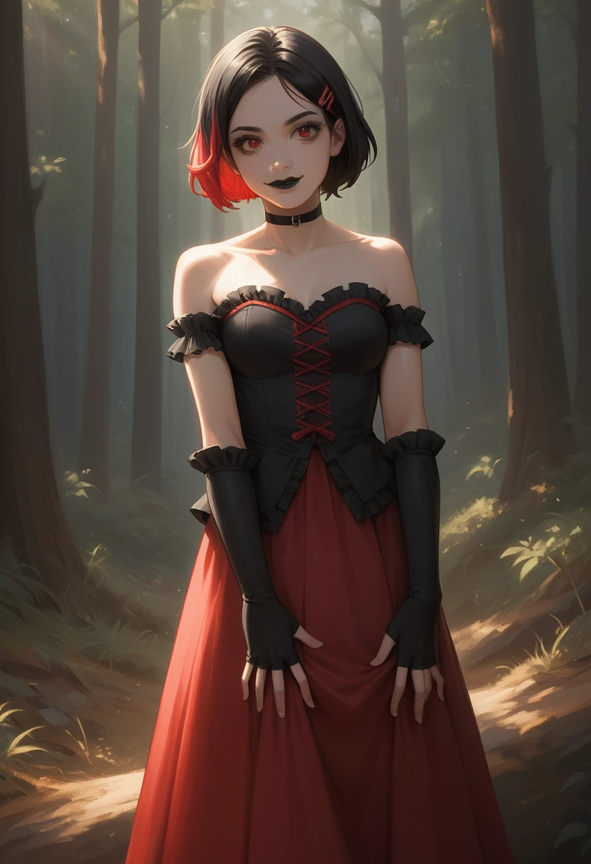 1girl, solo, red eyes, black hair, red hair, multicolored hair, two-tone hair, short hair, streaked hair, hairclip, hair ornament, black lips, makeup, colored skin, grey skin, skirt, black dress, strapless dress, frilled dress, red skirt, bare shoulders, detached sleeves, black gloves, elbow gloves, fingerless gloves, cross, black choker, smile,closed mouth,cowboy shot, forest,outdoor, (insanely detailed, beautiful detailed face, masterpiece, best quality) cinematic lighting