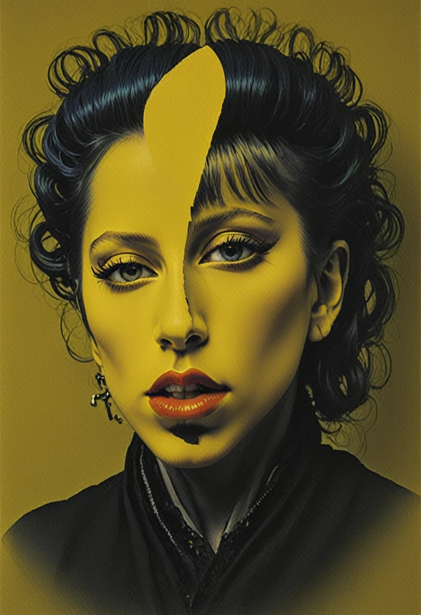 Ethereal aesthetic, colorful surreal collage Lady Gaga, x-ray dadaism art by Raoul Hausmann and George Grosz and Hans Leybold, deconstructed profile portrait of a young and beautiful Panamanian Slut from a ridley scott movie. piercing yellow eyes, soft smile, wearing a Slut outfit, bold makeup, glossy lips, detailed face, stunning beauty. (silhouette lighting), (rembrandt lighting), sunshine behind her, highly detailed, insane details, hazy, abstract background deda style, Maximum yellow, Blood red, Quinacridone-Blue, Quinacridone-Blue colors