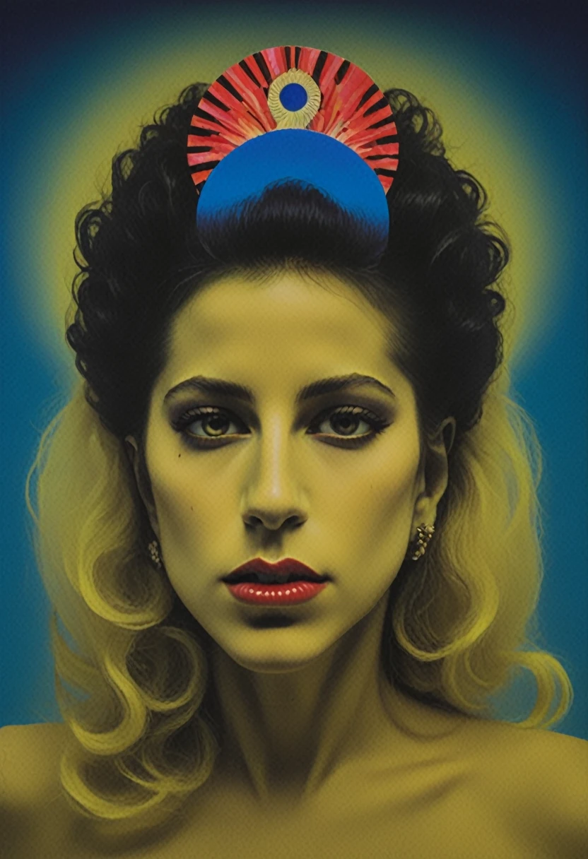 Ethereal aesthetic, colorful surreal collage Lady Gaga, x-ray dadaism art by Raoul Hausmann and George Grosz and Hans Leybold, deconstructed profile portrait of a young and beautiful Panamanian Slut from a ridley scott movie. piercing yellow eyes, soft smile, wearing a Slut outfit, bold makeup, glossy lips, detailed face, stunning beauty. (silhouette lighting), (rembrandt lighting), sunshine behind her, highly detailed, insane details, hazy, abstract background deda style, Maximum yellow, Blood red, Quinacridone-Blue, Quinacridone-Blue colors