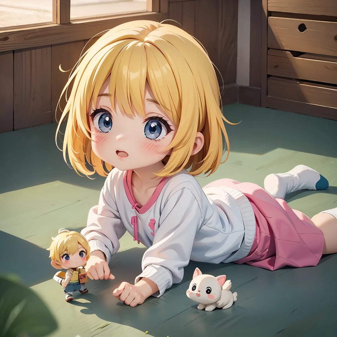 Super Chibi Character：1.8、Blonde Hair、Cute 7 year old girl、Super Chibi Character：1.8、Lying on the floor