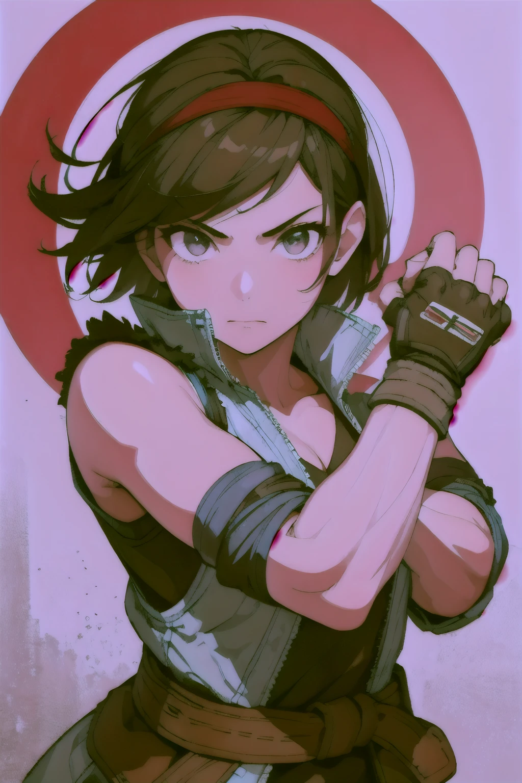 (masterpiece, best quality:1.2), expressive eyes, perfect face, highres, 1girl, solo, ryu \(sf\), (female:1.5), black hair, short hair, dougi, fingerless gloves, headband, fighting pose, portrait, looking at the viewer, cowboy shot