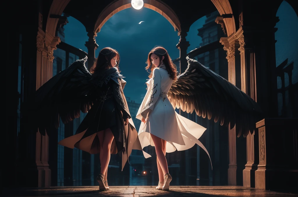 masterpiece,best quality,ultra-detailed,2girls,md symmetrical,solo,full body,(white wing:1.2),(black wing:1.2),night,moon,back to back,