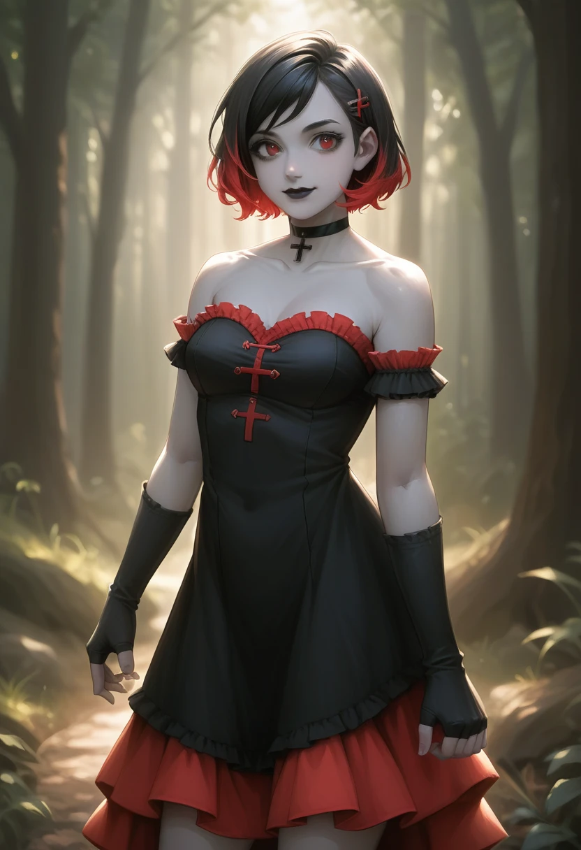 1girl, solo, red eyes, black hair, red hair, multicolored hair, two-tone hair, short hair, streaked hair, hairclip, hair ornament, black lips, makeup, colored skin, grey skin, skirt, black dress, strapless dress, frilled dress, red skirt, bare shoulders, detached sleeves, black gloves, elbow gloves, fingerless gloves, cross, black choker, smile,closed mouth,cowboy shot, forest,outdoor, (insanely detailed, beautiful detailed face, masterpiece, best quality) cinematic lighting
