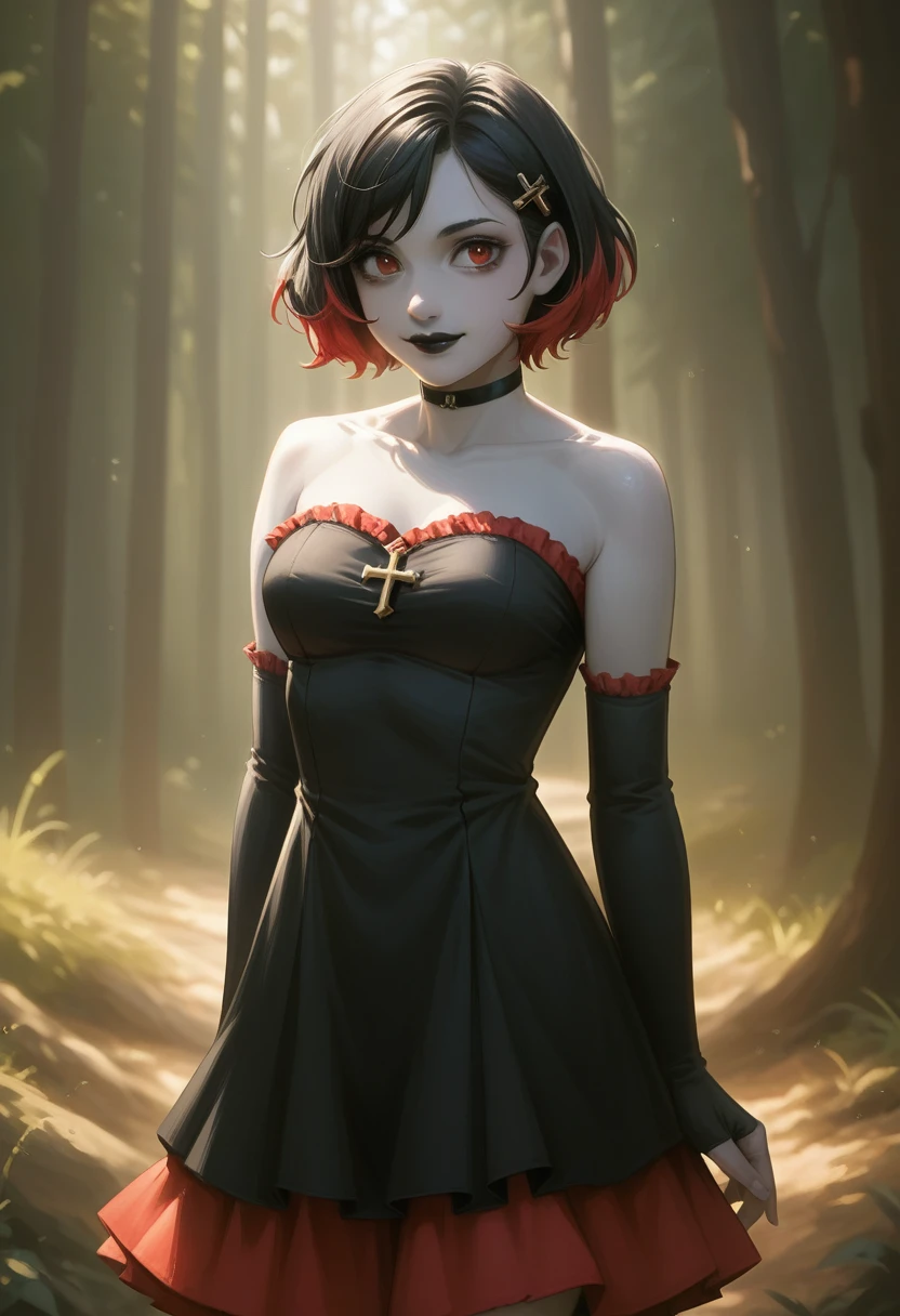 1girl, solo, red eyes, black hair, red hair, multicolored hair, two-tone hair, short hair, streaked hair, hairclip, hair ornament, black lips, makeup, colored skin, grey skin, skirt, black dress, strapless dress, frilled dress, red skirt, bare shoulders, detached sleeves, black gloves, elbow gloves, fingerless gloves, cross, black choker, smile,closed mouth,cowboy shot, forest,outdoor, (insanely detailed, beautiful detailed face, masterpiece, best quality) cinematic lighting
