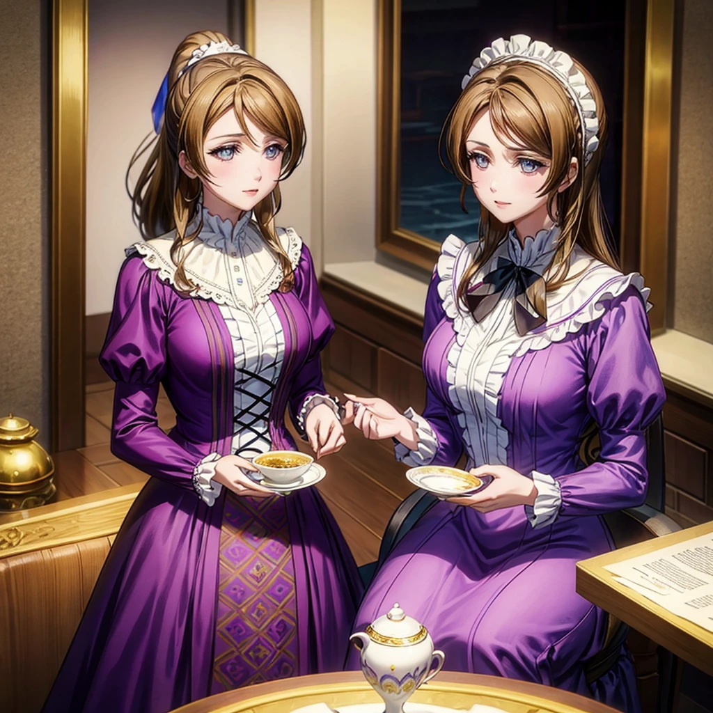 Brown hair woman, Violet eyes, Purple dress, Victorian style dress, Royal Family, noble, Drinking tea with a woman