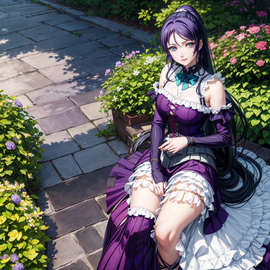 (absurd, high resolution, Extremely detailed), masterpiece, Hinata(Boruto Naruto Next Generations), ((Solitary)), 1 Girl,Medium breasts, long purple victorian style dress, Shut up, (((Long hair))),permanent, Corset and skirt pattern, Ruffle skirt, Lace, Wink wink effect, (((Delicate lips))), garden, Pink and floral,  ((Realistic skin)), Radiant Skin, ((Lustrous red lips)), Purple Eyes, portrait, beautiful, Smile, (((Dark blue hair))), Bust crop, Normal skin