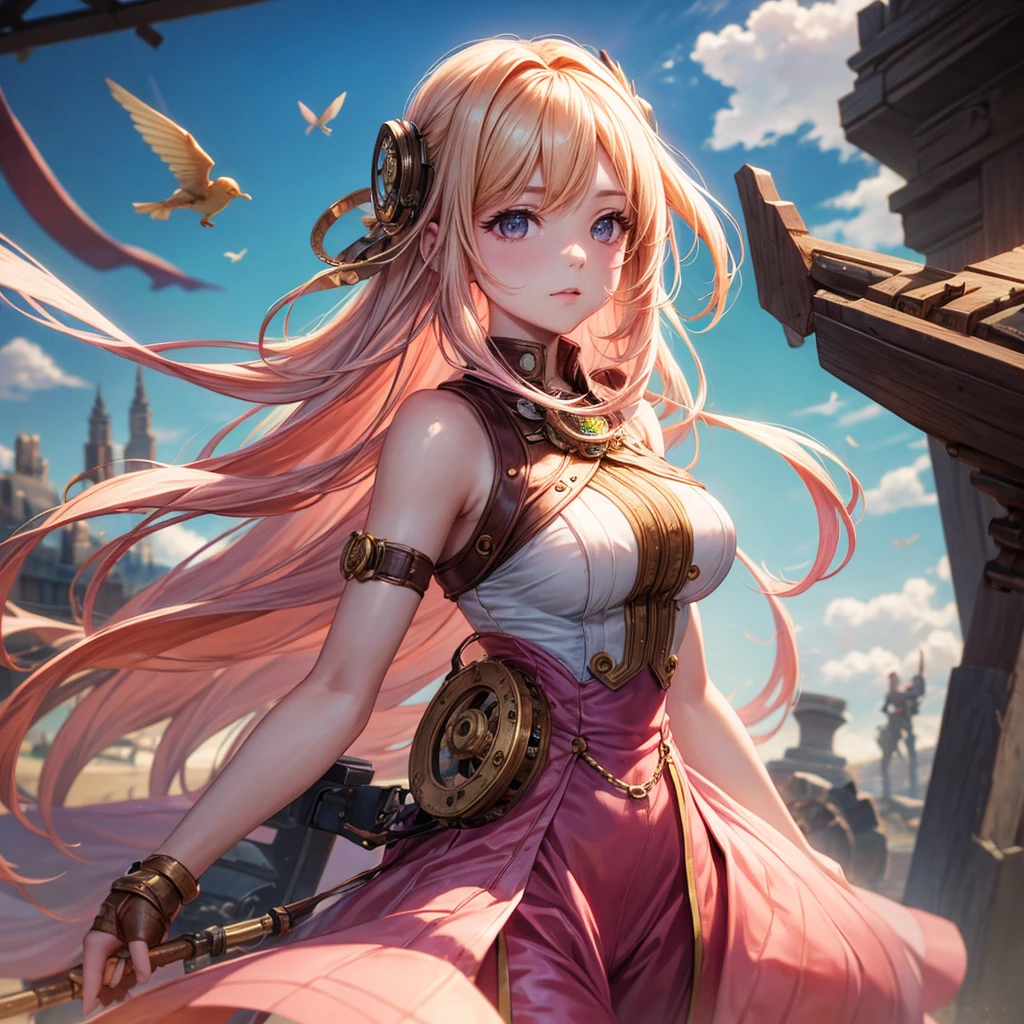 best quality, masterpiece, Upper Body, Miss, Blonde hair fluttered in the wind, Shining eyes, Steampunk nude style, Thin clothes, Pink clothes, Pink Hair