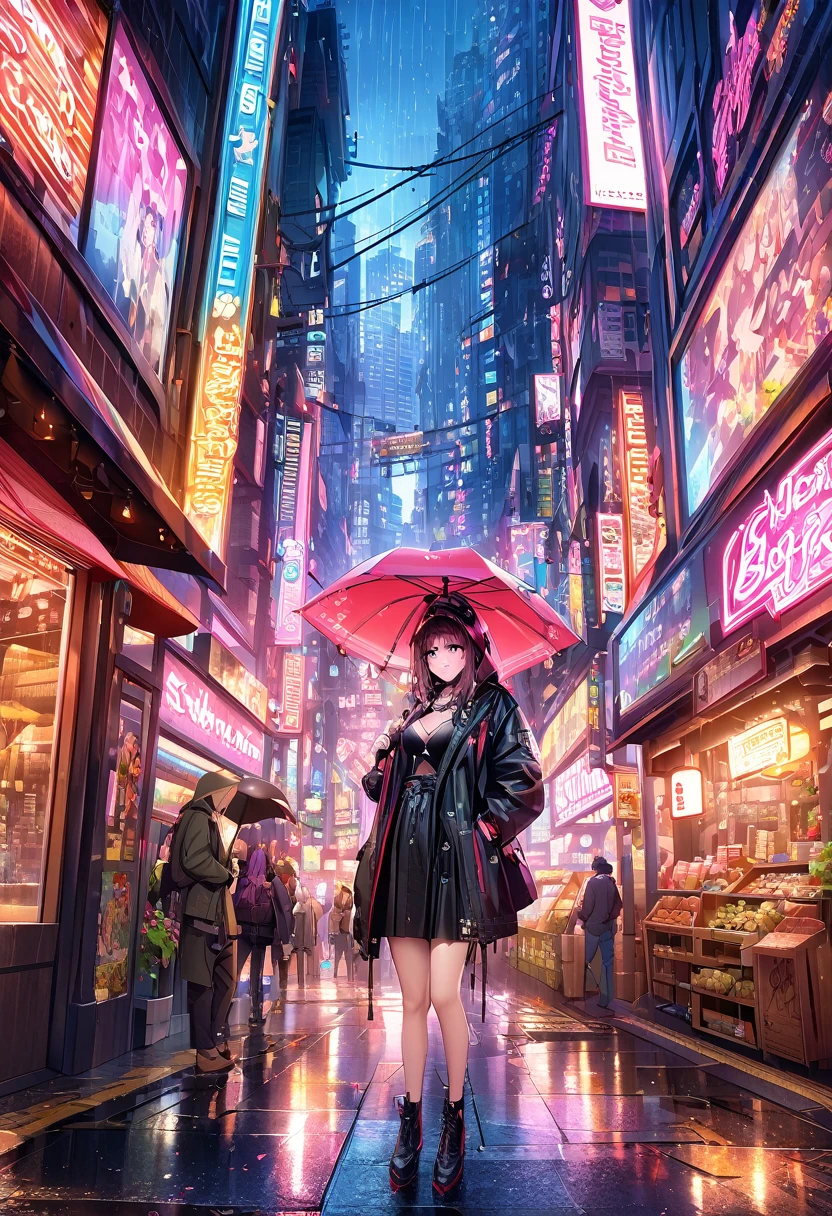 ((masterpiece)), ((Highest quality)), ((Attention to detail)), ((Realistic)) A video depicting the cityscape of the future。Your scene should include the following elements:：
- Complex city streets intersected by futuristic railway lines - lined with cyberpunk style buildings、European city atmosphere - bustling bazaars and markets、Mr.々Colorful neon signs and glow - night scene、In the rain、ネオンの光が反射しているMr.子

特に注意する点：
- Buildings and streets are depicted with great detail.、- Accentuating the futuristic design - Realistic raindrops and reflections - Neon lights and colors enhance the nighttime atmosphere