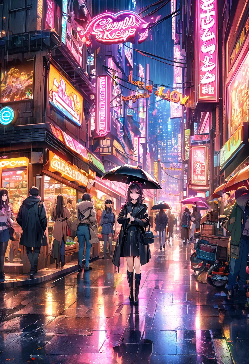 ((masterpiece)), ((Highest quality)), ((Attention to detail)), ((Realistic)) A video depicting the cityscape of the future。Your scene should include the following elements:：
- Complex city streets intersected by futuristic railway lines - lined with cyberpunk style buildings、European city atmosphere - bustling bazaars and markets、Mr.々Colorful neon signs and glow - night scene、In the rain、ネオンの光が反射しているMr.子

特に注意する点：
- Buildings and streets are depicted with great detail.、- Accentuating the futuristic design - Realistic raindrops and reflections - Neon lights and colors enhance the nighttime atmosphere