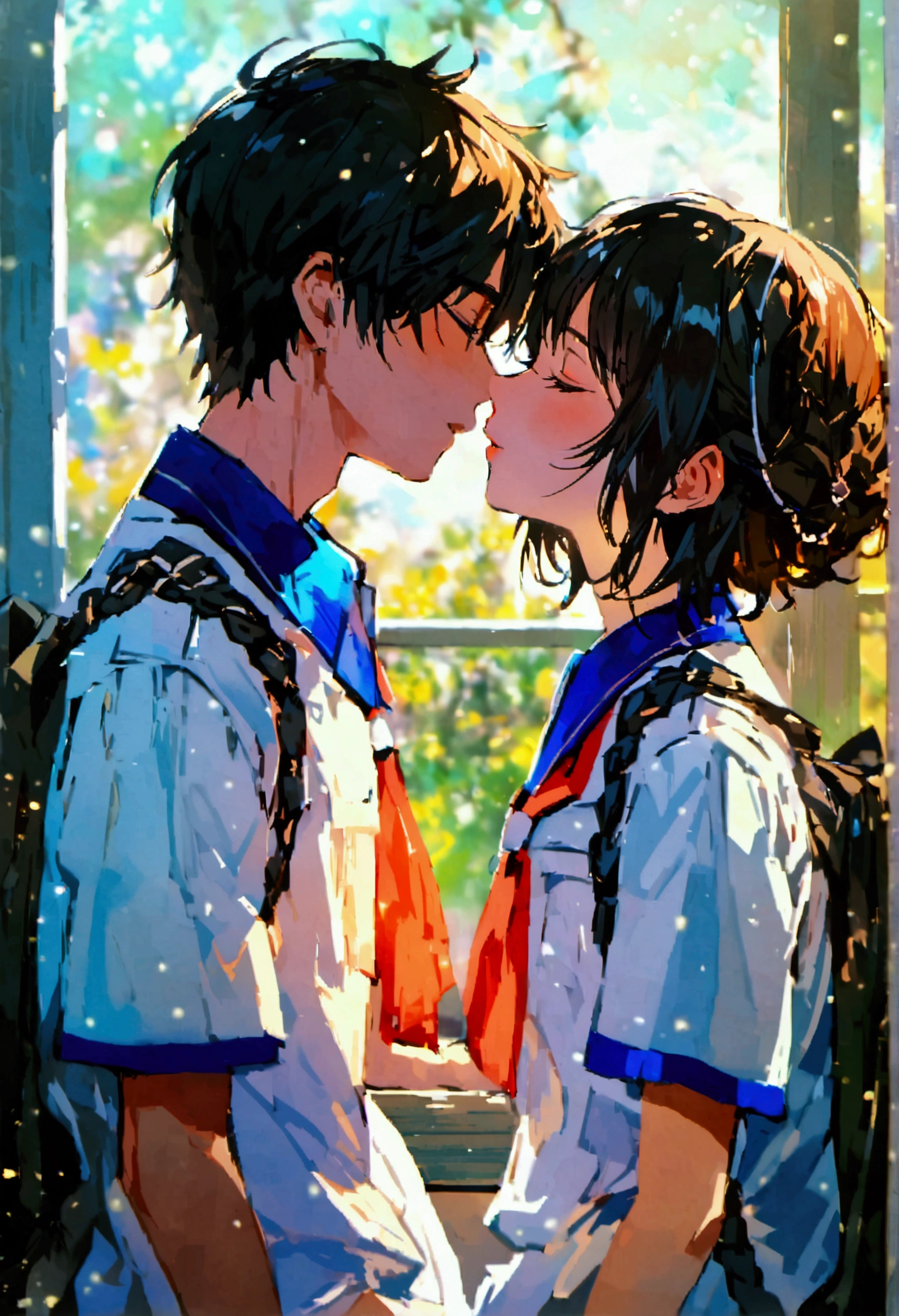 Just the same like in the image but with them kissing and the same school uniform color in the boys uniform and with him holding her 