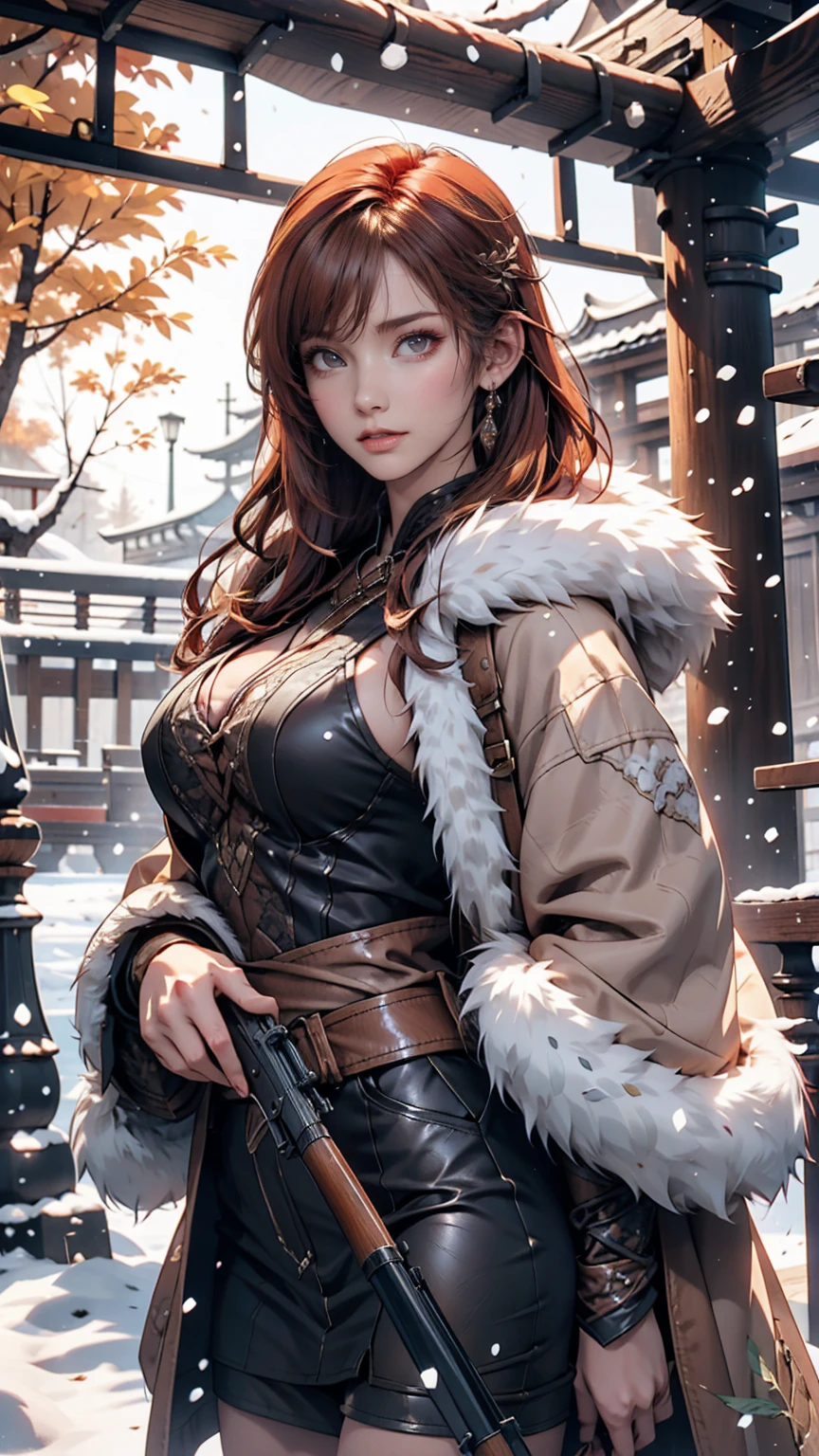 Hunting girl with rifle in combat pose in snow,Oriental,Blade and Soul,Ink Style,Long Red Hair,Leather and fur coats,cold,artwork,3d,4K,detailed,Realistic