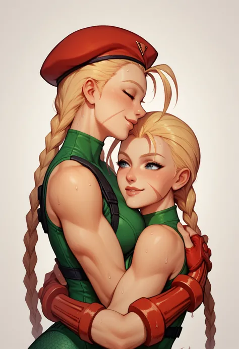 anime1 girl,side view,looks like cammy white, slightly leaning forwards,viewed from side,smiling,sensual expression,sweaty,sweat...