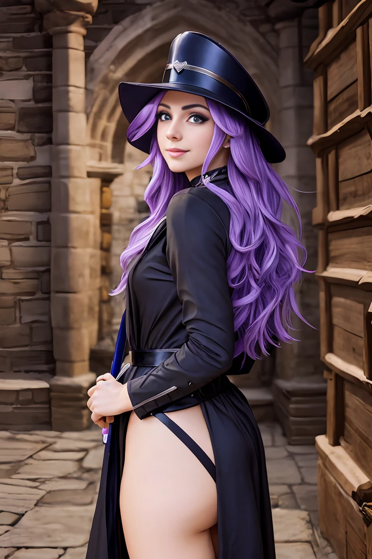 elaina_(It could_phi_Gossip), masterful, work of art, 4K,, 1 girl, feminiphi, comely, A glass, ashen hair, big magic hat + black on top and purple on the inside, blue colored eyes, white  shirt, yellow ribbon, black robe,, kawaii, looking ahead at viewer, slightly-smile,  magic, plaphi de fundo Europa medieval,