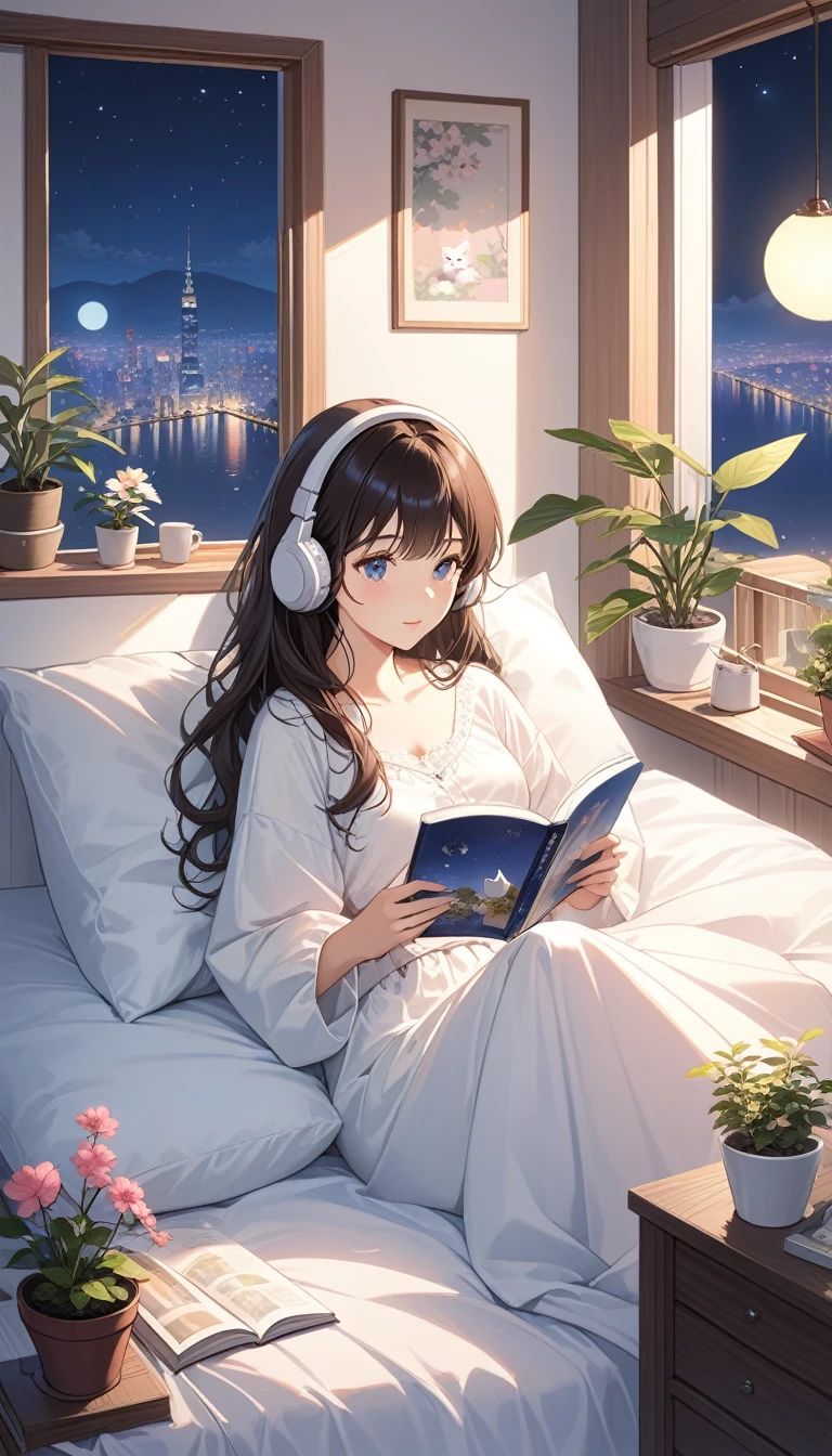 (super masterpiece　Highest quality　high resolution　High resolution) Lo-fi style、anime、A woman wearing headphones is reading a book while lying in bed、２０age、Beautiful Eyes(eye) Hair is about waist length　Hair color is light pink、（Gloss）Casual clothing、(Anatomically correct)　Room with a night view、There is a fluffy white kitten.、coffee、magazine、There are a few small potted plants.、computer、It&#39;s raining outside、Water droplets on the window、Stylish、Close-up images、