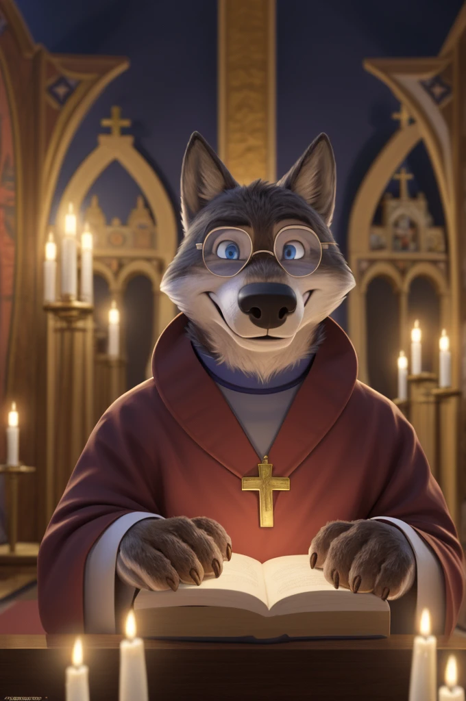 Larry (Zootopia), wolf, gray fur, (brown body:1.3), beautiful blue eyes, Zootopia,Catholic priest,Glasses,gold pectoral cross white collar, canine,wolf, detailed fur, Male, second, paw pads, claws, looks at the viewer, 5 fingers, paws, 4 toes, in the church, candles altar,Catholic Church, Vatican, sits and prays, 
BREAK from nextel, for dating, by xenoforge, (difficult, high detail,digital photography, soft focus, RAW, close to the camera, smile, positive, Good, mood, Houses, looks at the viewer, очень close to the camera, Pope. 
photorealism, realistic, photorealistic,digital style, subsurface scattering,очень close to the camera 
шедевр, Best quality, ultra realistic, 8 thousand.)