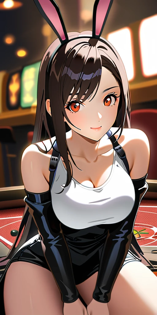 (((((tifa lockhart:1.5))))),((Highest quality、masterpiece、anime style、best quality、high resolution、8k、detailed、ultra-detailed:1.3))、Long legs:1.2, Beautiful woman with perfect figure:1.4、(Smiling:1.2), double eyelid、30-year-old female、((((One Woman,beautiful face,Beautiful face:1.5)))),Big Breasts、High resolution, accurate, Anatomically correct, High-resolution model, high quality, Very detailed, Ultra high definition、Black Hair、Straight Hair、Long Hair、(((Bunny girl、Bunny ears headband,casino:1.1)))