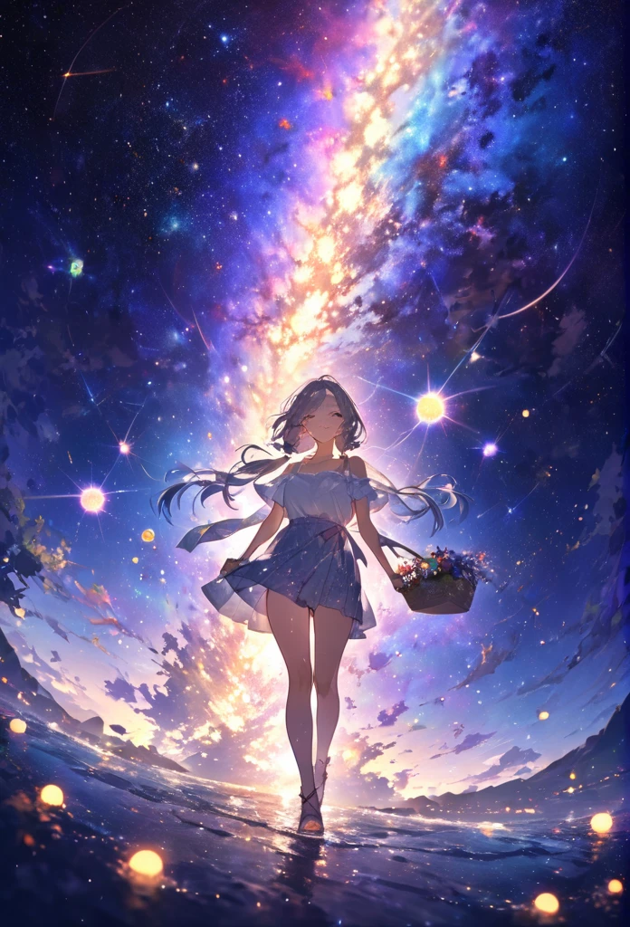 Highest quality　masterpiece　High resolution　masterpieceグレーアイズ　Low Twintails、casual summer outfit　、flowerpunk、universe、Sparkling light particles、Vivid gradient effect