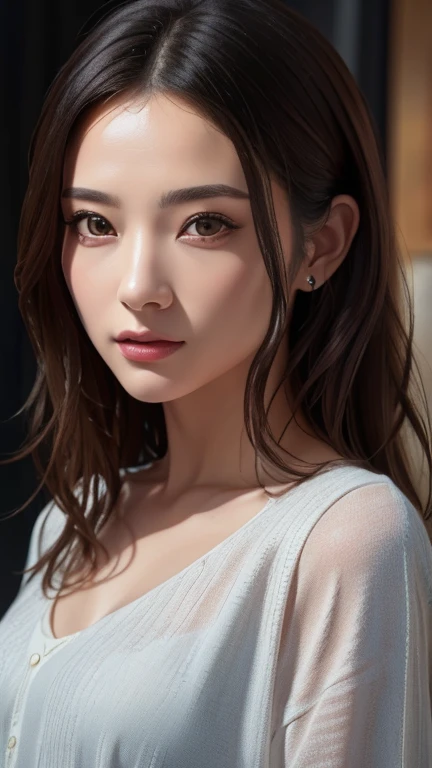 (Highest quality、8k、32K、masterpiece)、(Realistic)、(Realistic:1.2)、(High resolution)、Very detailed、Very beautiful face and eyes、1 person、Round and small face、Tight waist、Delicate body、(close、Highest quality、Attention to detail、Rich skin detail)、(Highest quality、8k、Oil paints:1.2)、Very detailed、(Realistic、Realistic:1.37)、Bright colors