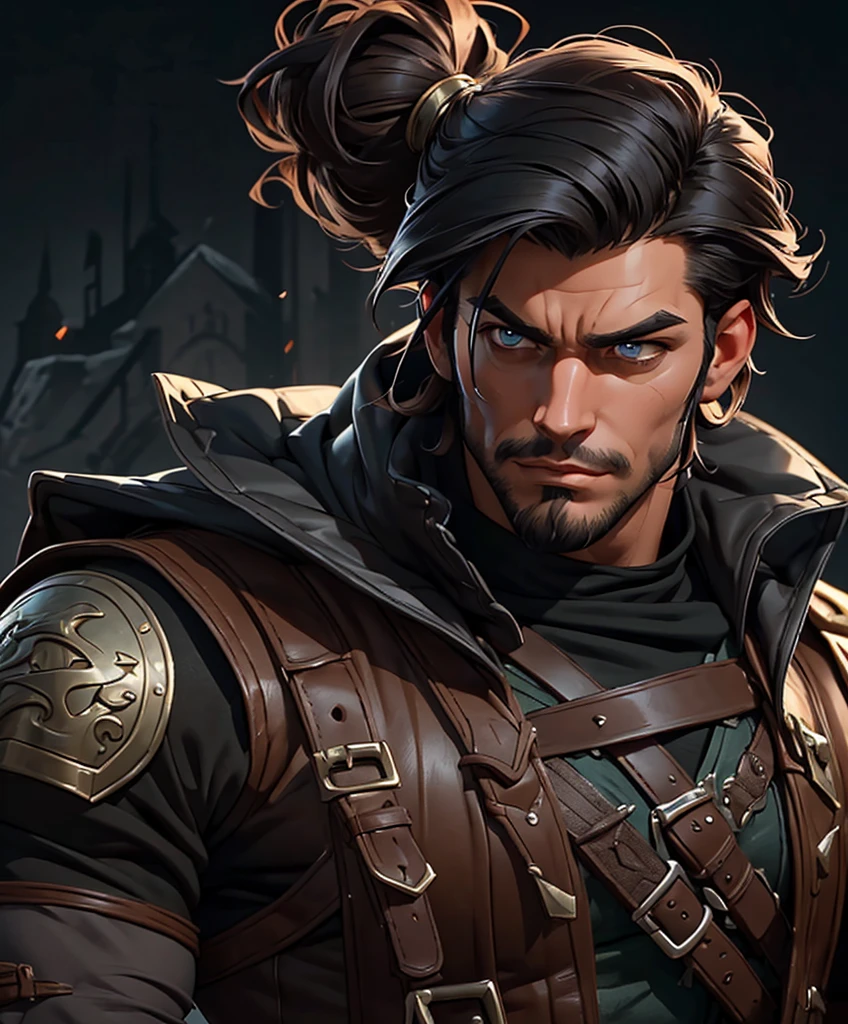 (((Solo focus.))) (((Single character image.))) Attractive male fantasy adventurer with big muscles, physically ideal physique.  Sexy pose. Muscle focus. Handsome face.  Short black hair that gives him an attractive look. Stylish medieval fantasy attire.  Dark background.  Eerie background.  His attire is intricate and detailed.  Smug facial expression.  Erotic stare.  Erotic pose. Luxurious black hair that makes him look sexy.  Attractive features.  Rugged features.   Attractive hairstyle.  Handsome face.  Attractive features.   Great muscles.  Great physical structure.  Dashing.  Handsome.  Smug.  Handsome features.  Swashbuckler.