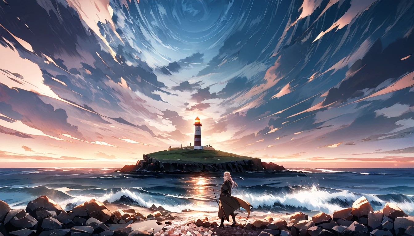 The person moves forward with determination, looking towards the horizon, with a strong and serene posture. Visual elements such as a rocky road and a distant lighthouse 