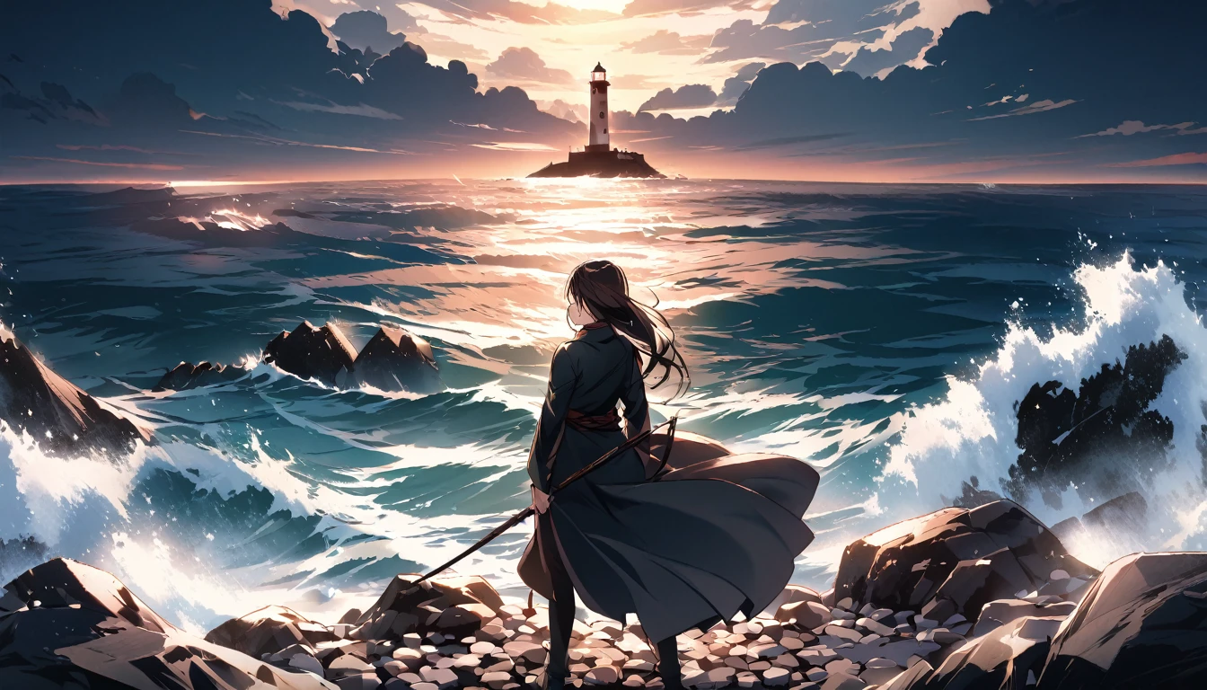 The person moves forward with determination, looking towards the horizon, with a strong and serene posture. Visual elements such as a rocky road and a distant lighthouse 