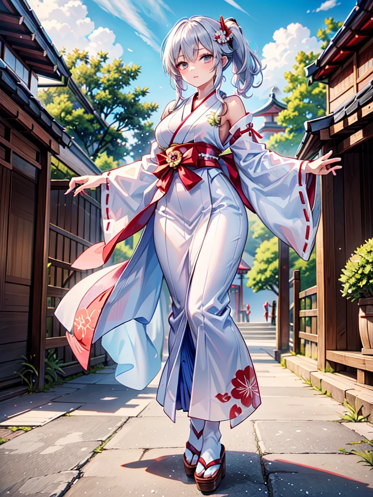 High definition、anime、pastel、A neat woman dressed in a shrine maiden outfit、Flowers sprout from beneath your feet、A long, flowing miko outfit、１８age、Half red long silver hair、Full body portrait、Wearing clogs、Large eyes like opals、Powerful eyes、Dance dedicated to the gods