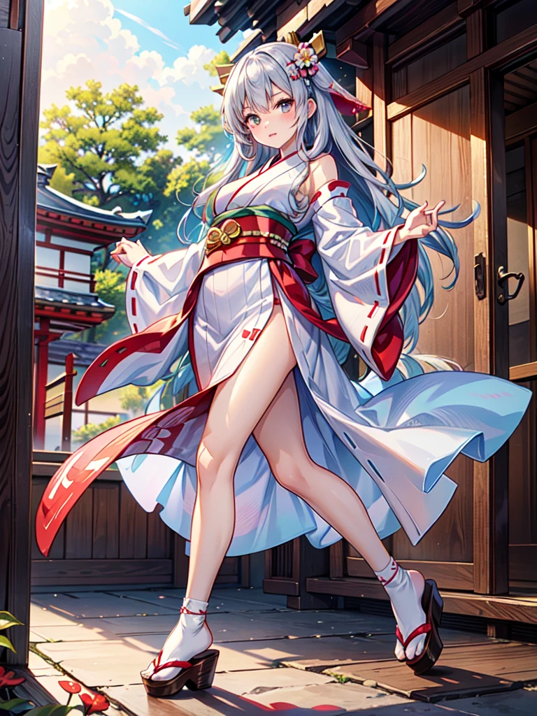 High definition、anime、pastel、A neat woman dressed in a shrine maiden outfit、Flowers sprout from beneath your feet、A long, flowing miko outfit、１８age、Half red long silver hair、Full body portrait、Wearing clogs、Large eyes like opals、Powerful eyes、Dance dedicated to the gods